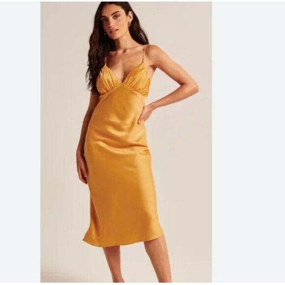 Abercrombie & Fitch Dresses & Skirts - ABERCROMBIE & FITCH GOLD SATIN RUCHED BABYDOLL SLIP MIDI DRESS - 2XL